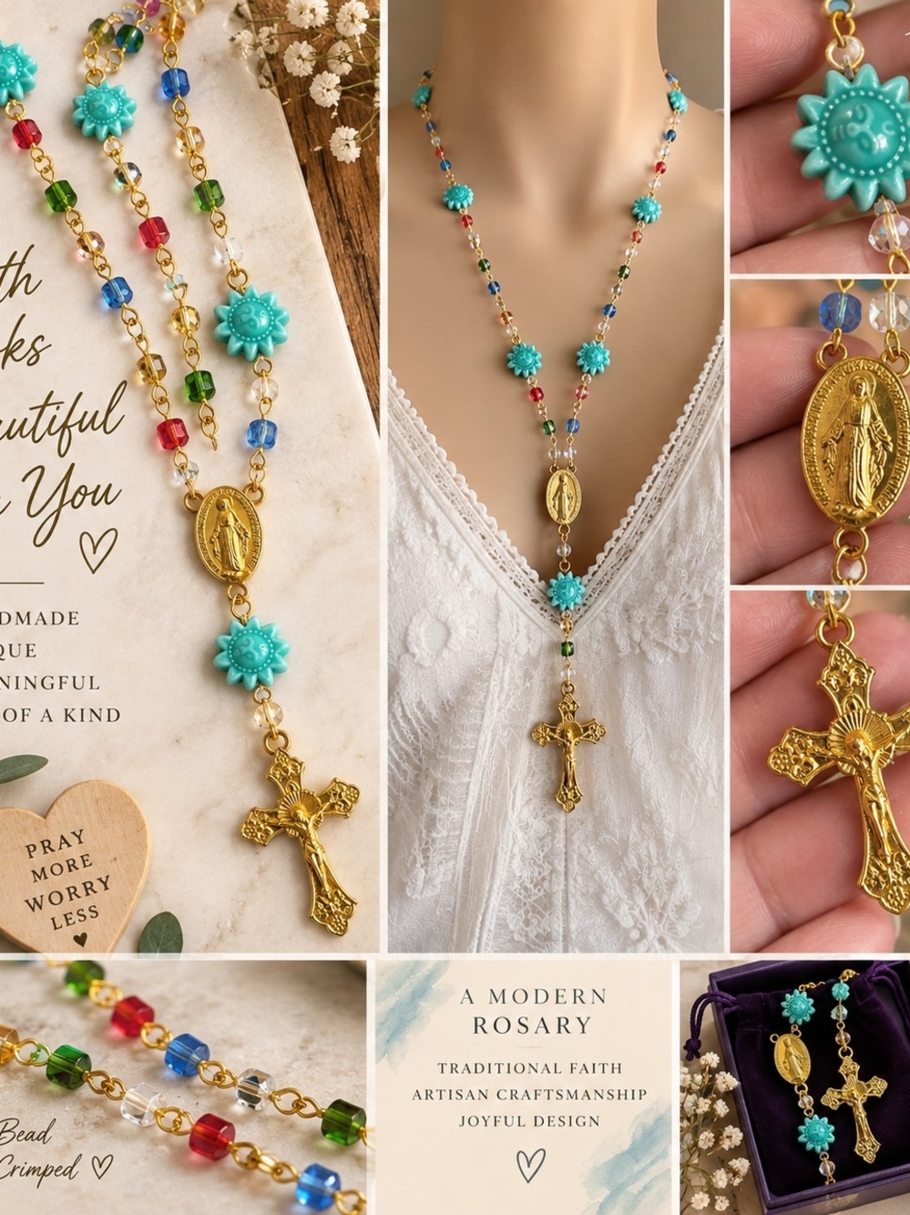 Hand Crafted Turquoise, Red, Blue & Green Rosary Necklace